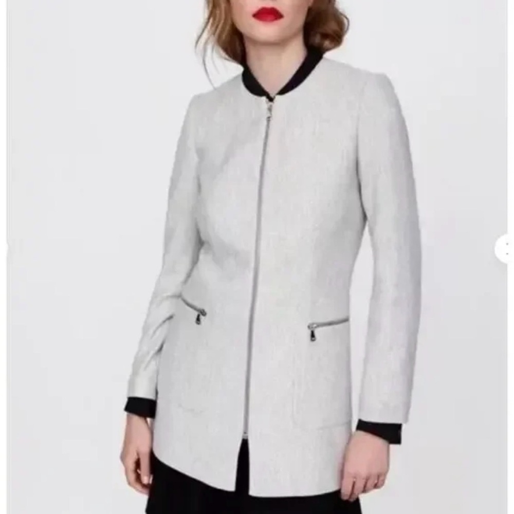 Zara Longline Herringbone Coat Jacket with Pockets